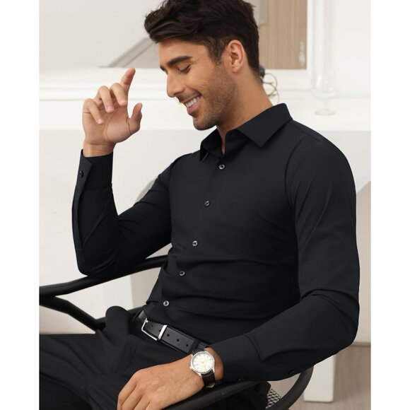 Men's Black Long Sleeve Slim Muscle Fit Wrinkle Free Button Down Dress Shirts - Picture 5 of 9